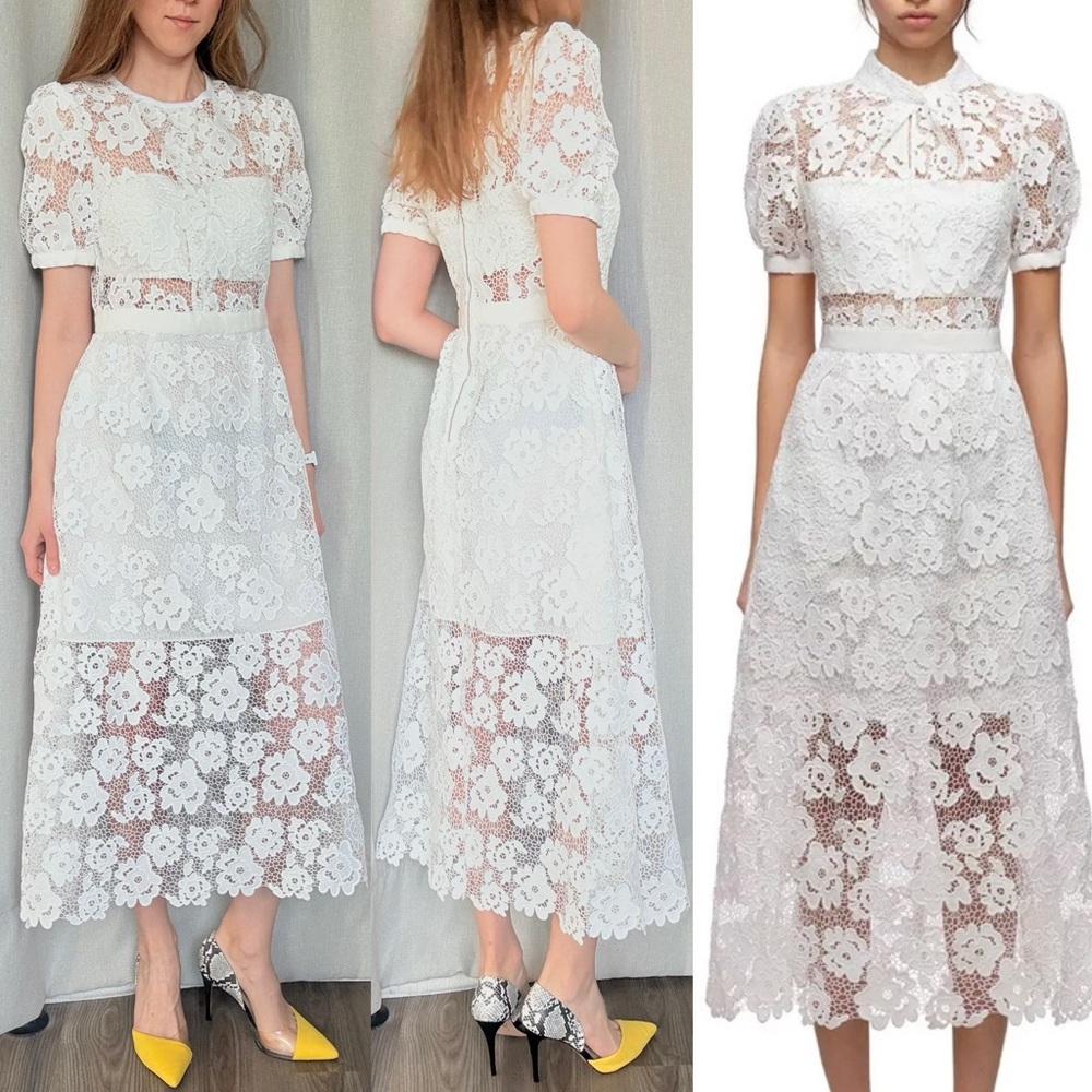 Self-Portrait White Floral Lace Midi Dress with Puff Sleeves